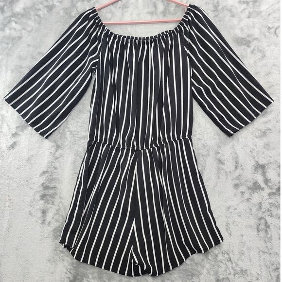Ambiance Romper Womens L Black White Striped Off Shoulder 3/4 Sleeve Stretch - Picture 2 of 9